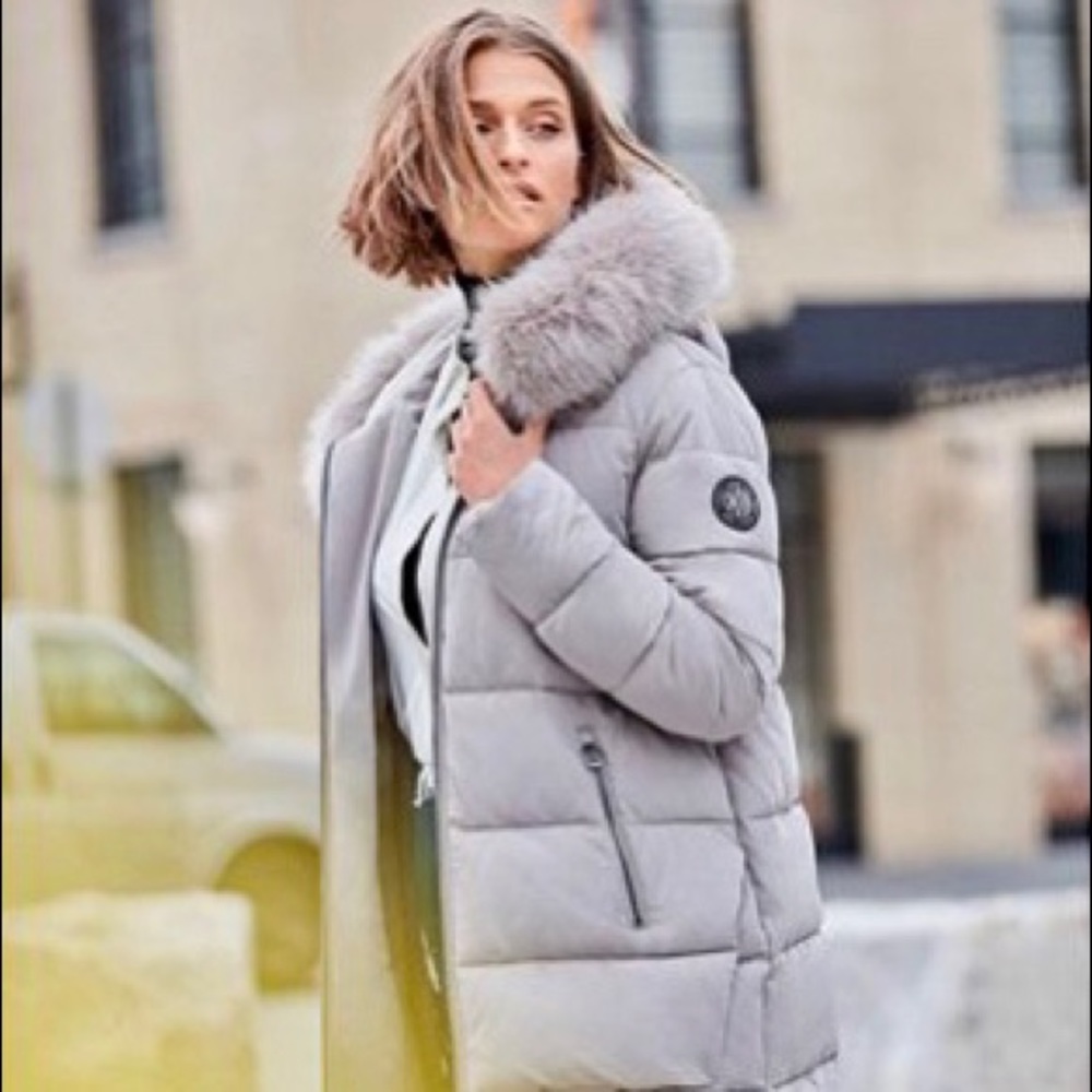 DKNY Faux-Fur Trim Hooded Puffer Coat Size S